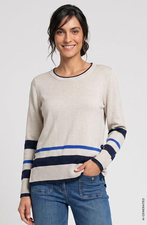 Almond Beige Melange and Ink Blue Button Detail Henny Jumper