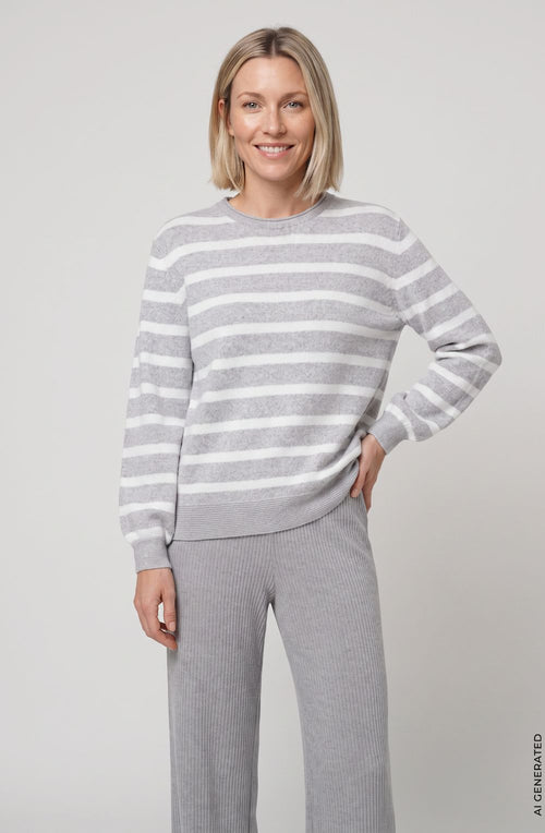 Pearl Grey Melange Striped Round Neck Henny Jumper