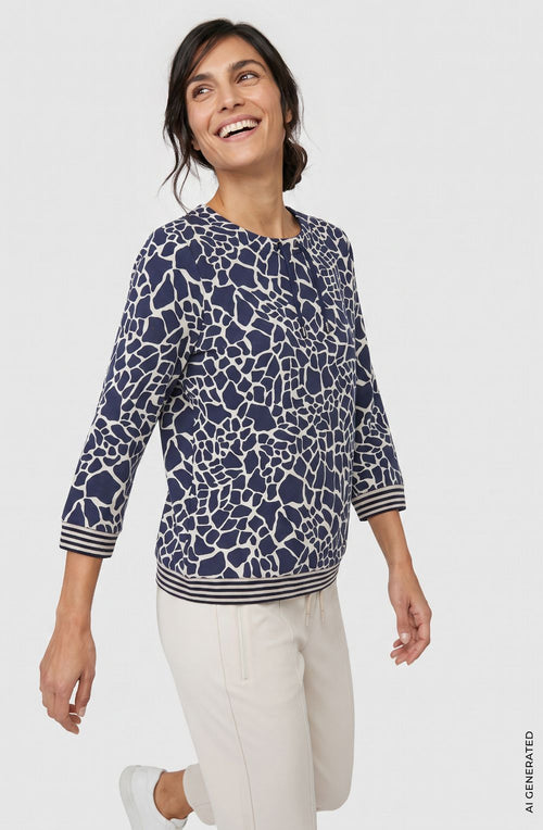 Ink Blue Bold Print Faux Drawstring Neck Henny Top