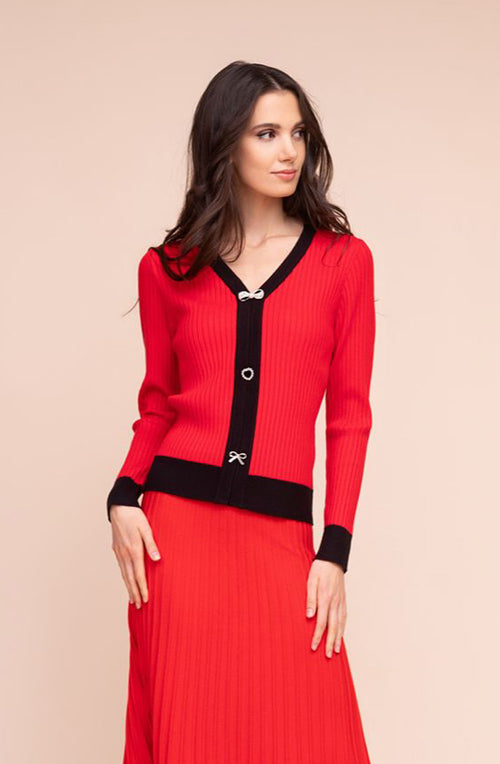 Red Statement Button V-Neck Jumper