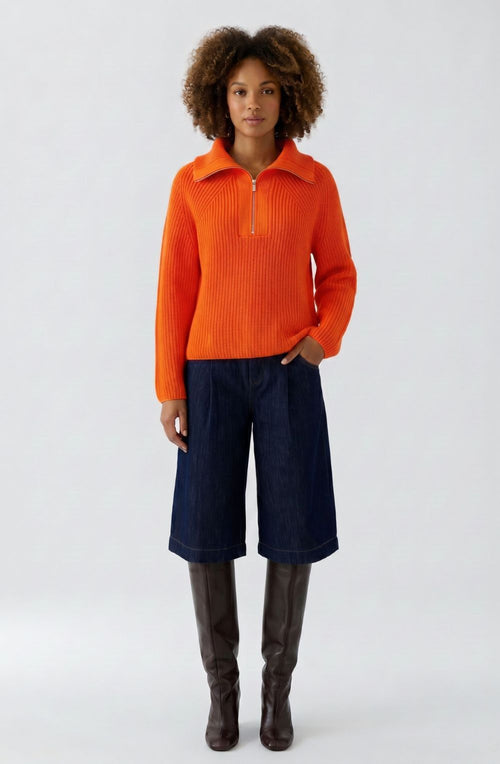 Orange Ribbed Knit Quarter Zip Jumper