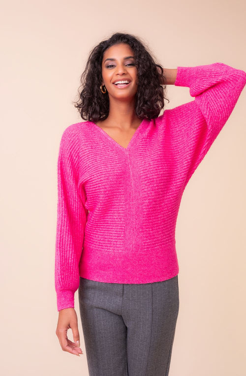 Fuchsia Relaxed V-Neck Balloon Sleeve Jumper