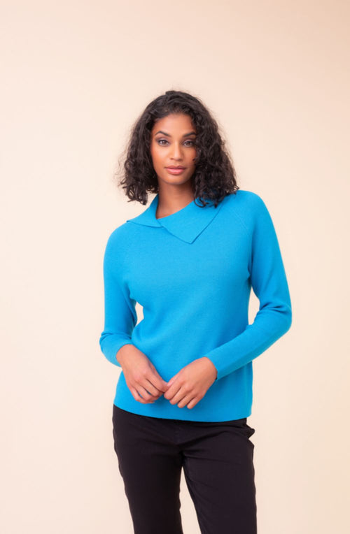 Teal Ribbed Knit Split Neck Collar Jumper