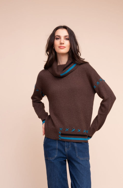 Chocolate and Blue cowl Neck Embroidered Detail Jumper