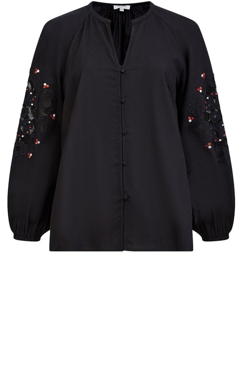 Black Light Flannel Embroidered Blouse