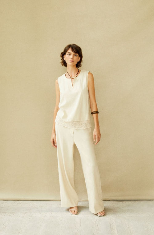 Parask Fog Crochet Panel Linen Mix Trousers
