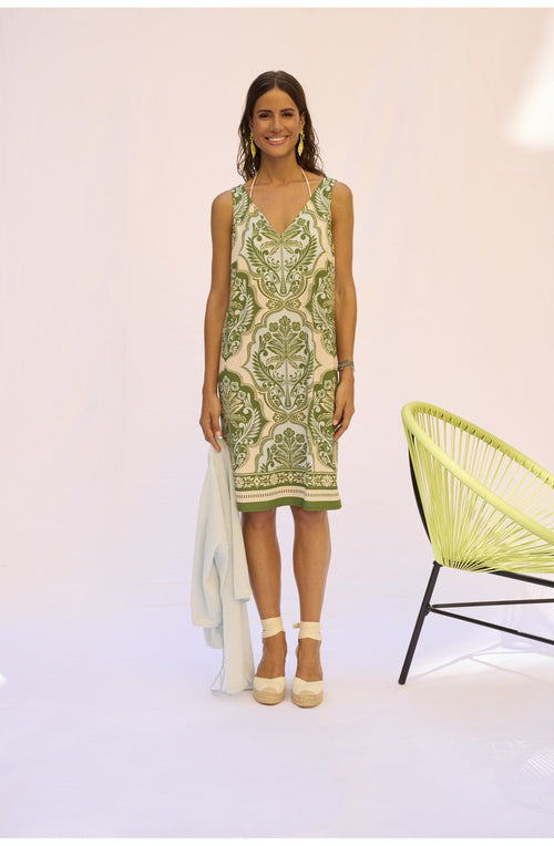 Green and Blue Bold Print Sleeveless Dress