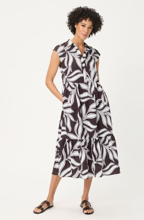 Dark Brown Leaf Print Tiered Skirt Collared Dress