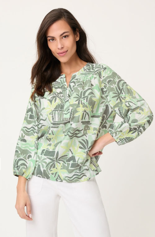 Khaki and Lime Bold Print 3/4 Sleeve Relaxed Blouse