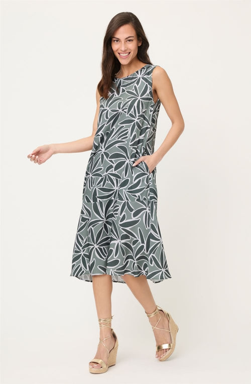 Khaki Leaf Print Sleeveless Dress