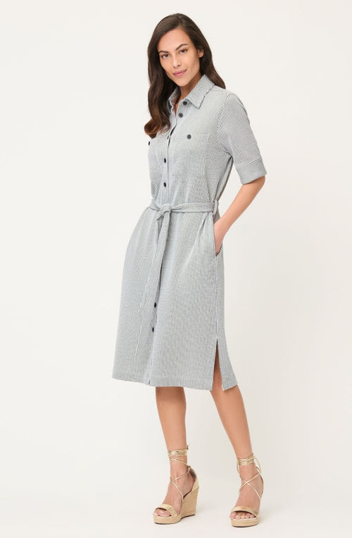 Textured Khaki Striped Shirt Dress