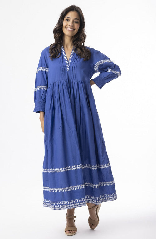 Blue and White Embroidered Maxi Dress