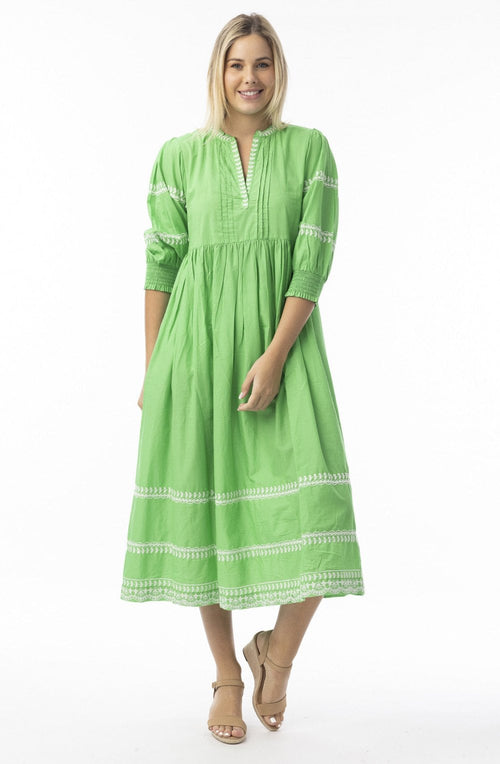 Green and White Embroidered Maxi Dress