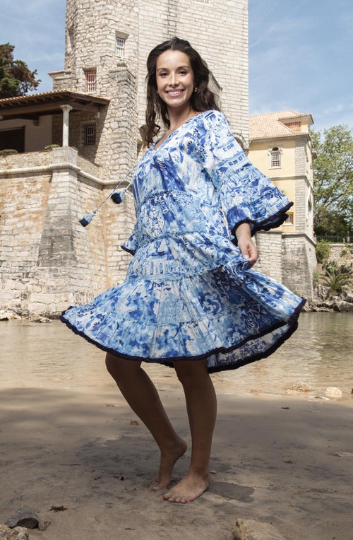 Okayama Frill Blue Print Dress