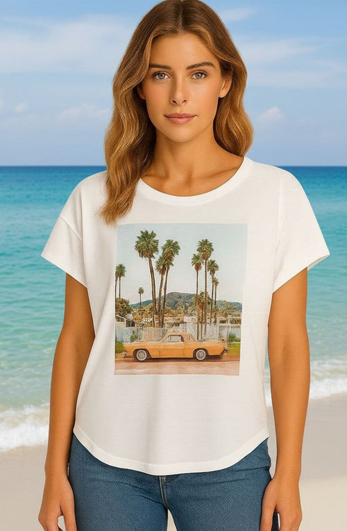 Diamanté and Layered Car and Palm Tree T Shirt