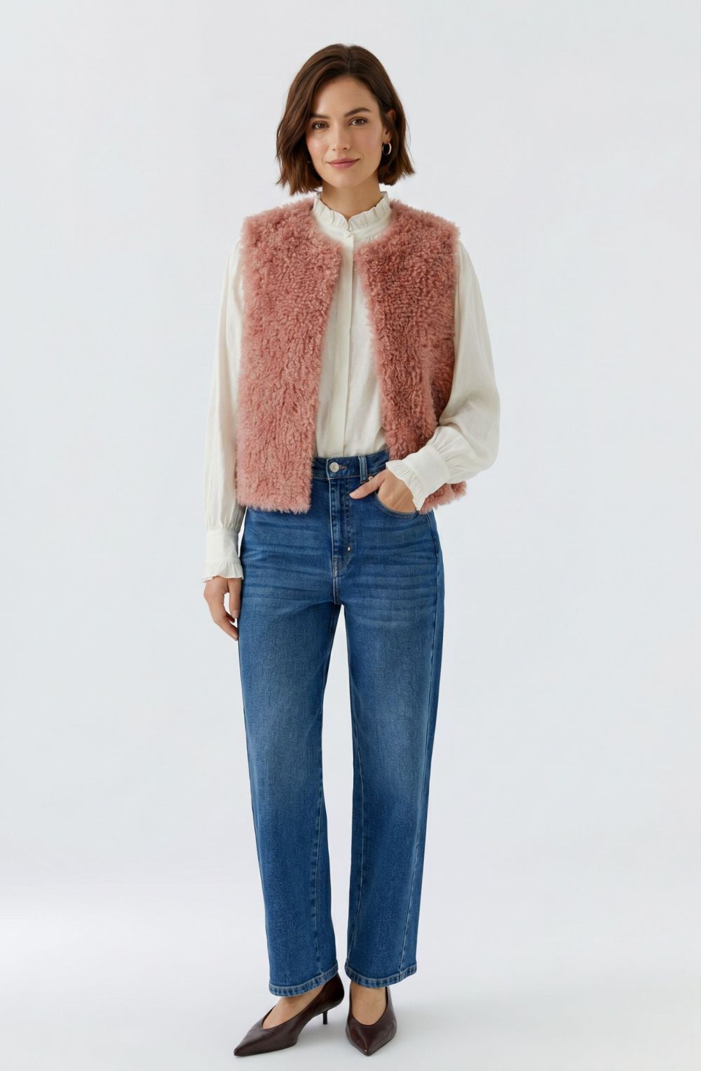 Rose Fluffy Faux Sheep Skin Waistcoat