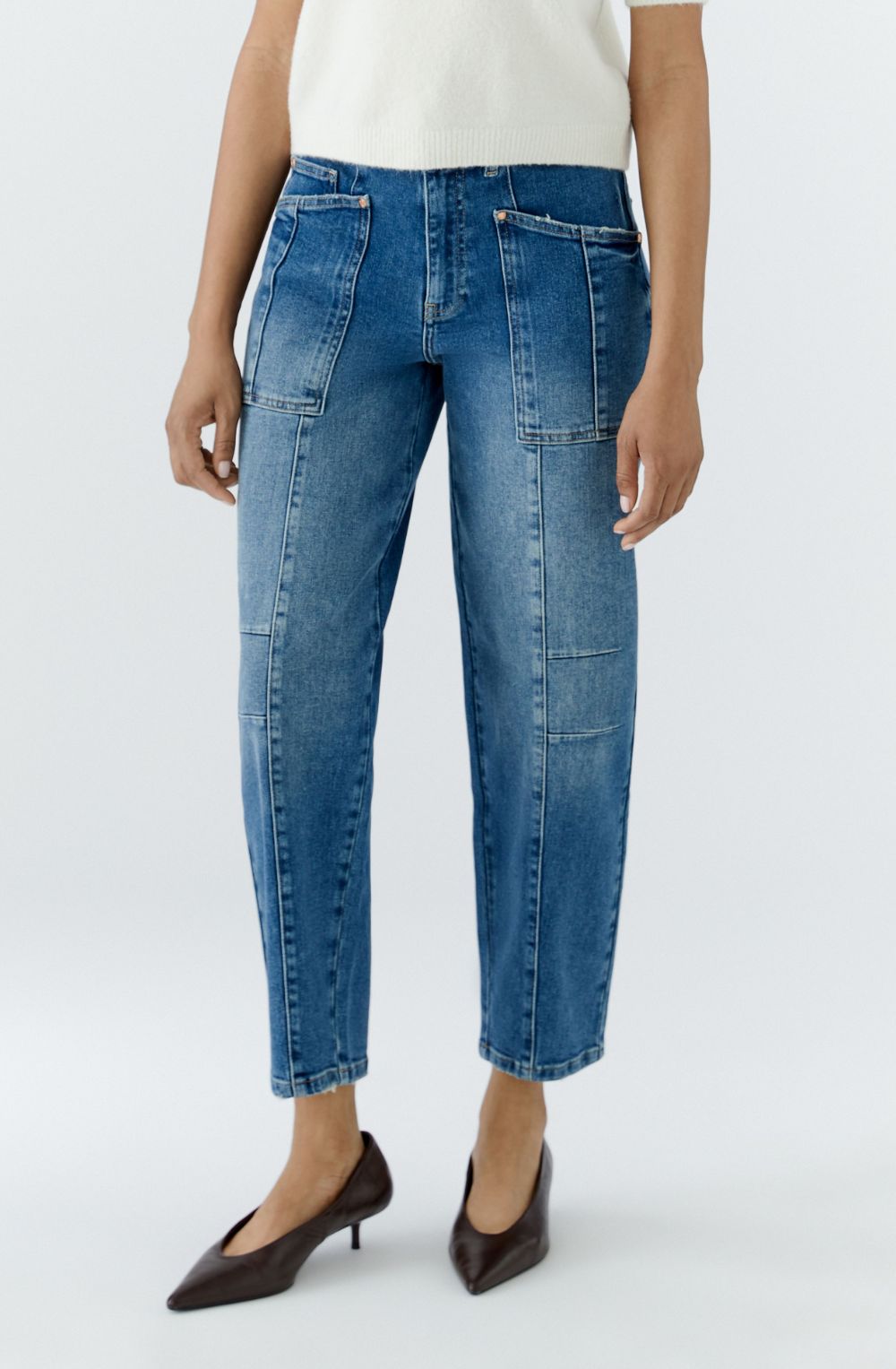 Blue Denim Patch Pocket Barrel Jeans
