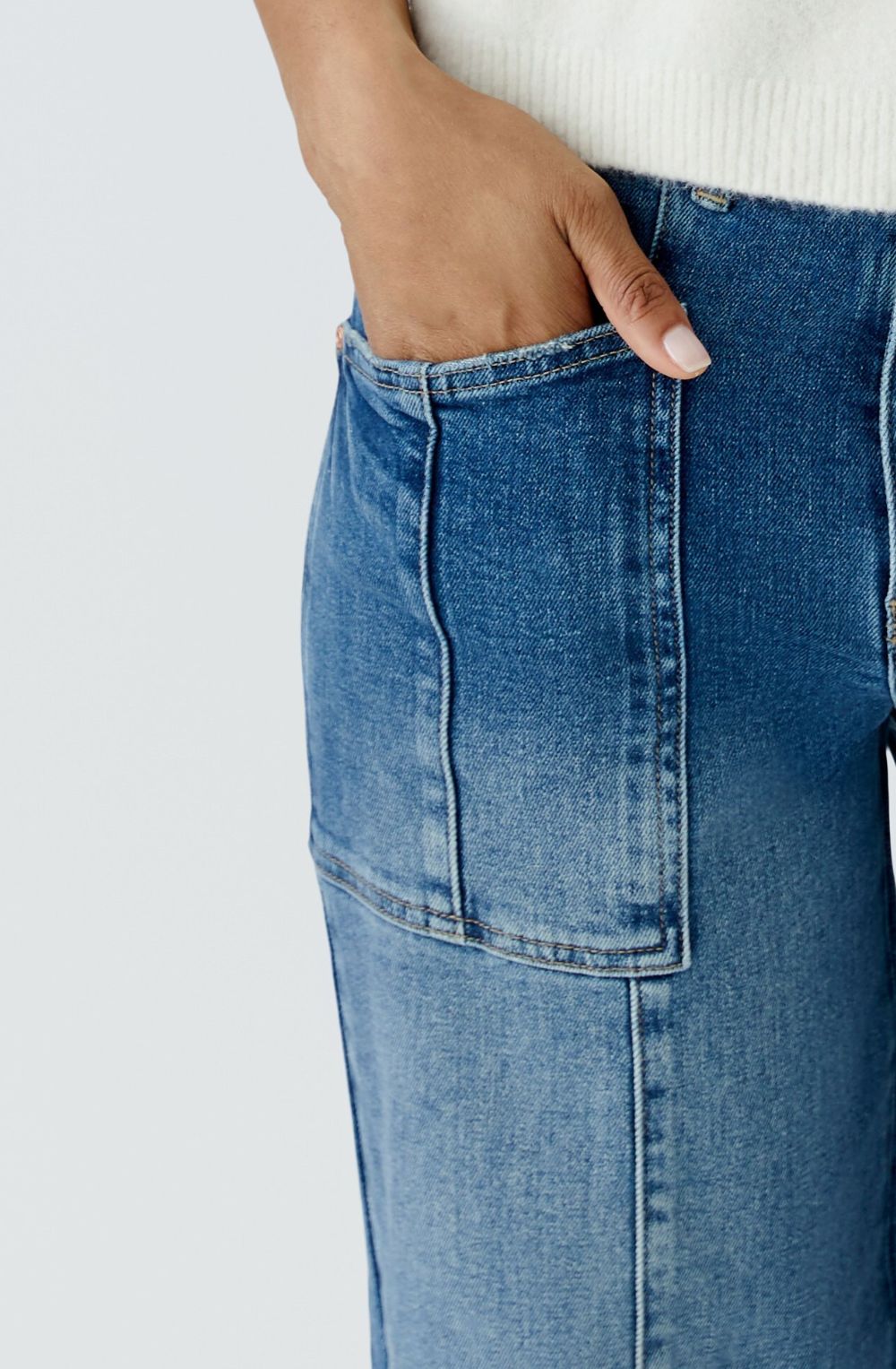 Blue Denim Patch Pocket Barrel Jeans