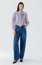 Violet and White Striped Pussy Bow Shirt