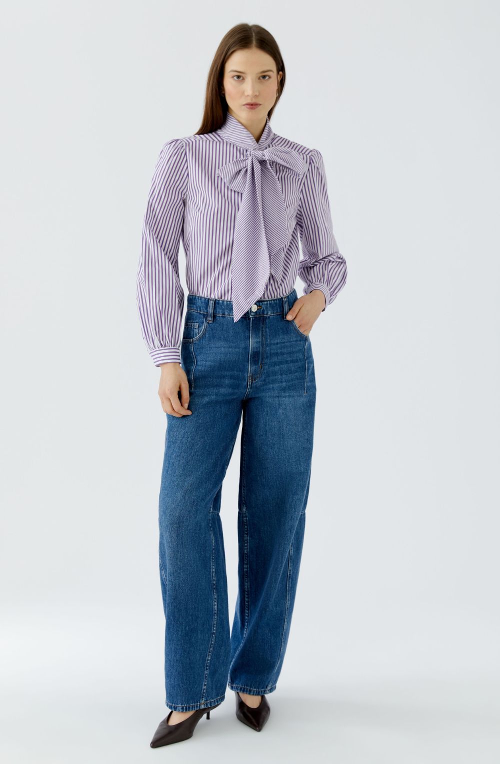 Violet and White Striped Pussy Bow Shirt