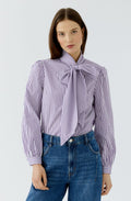 Violet and White Striped Pussy Bow Shirt