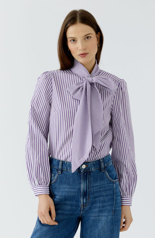 Violet and White Striped Pussy Bow Shirt