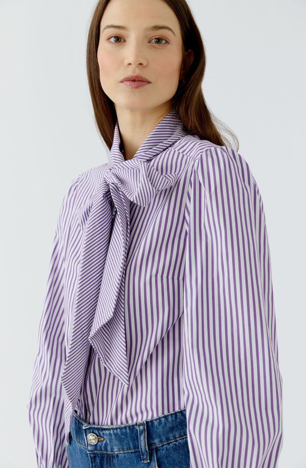 Violet and White Striped Pussy Bow Shirt