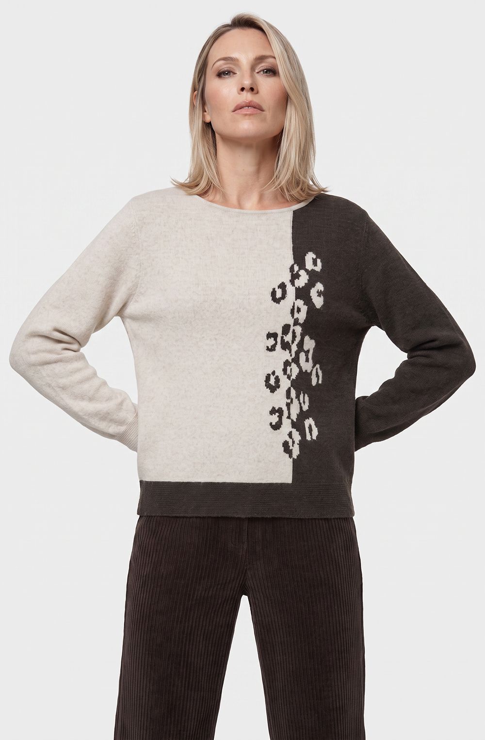 Almond Beige Animal Print Colour Block Henny Jumper