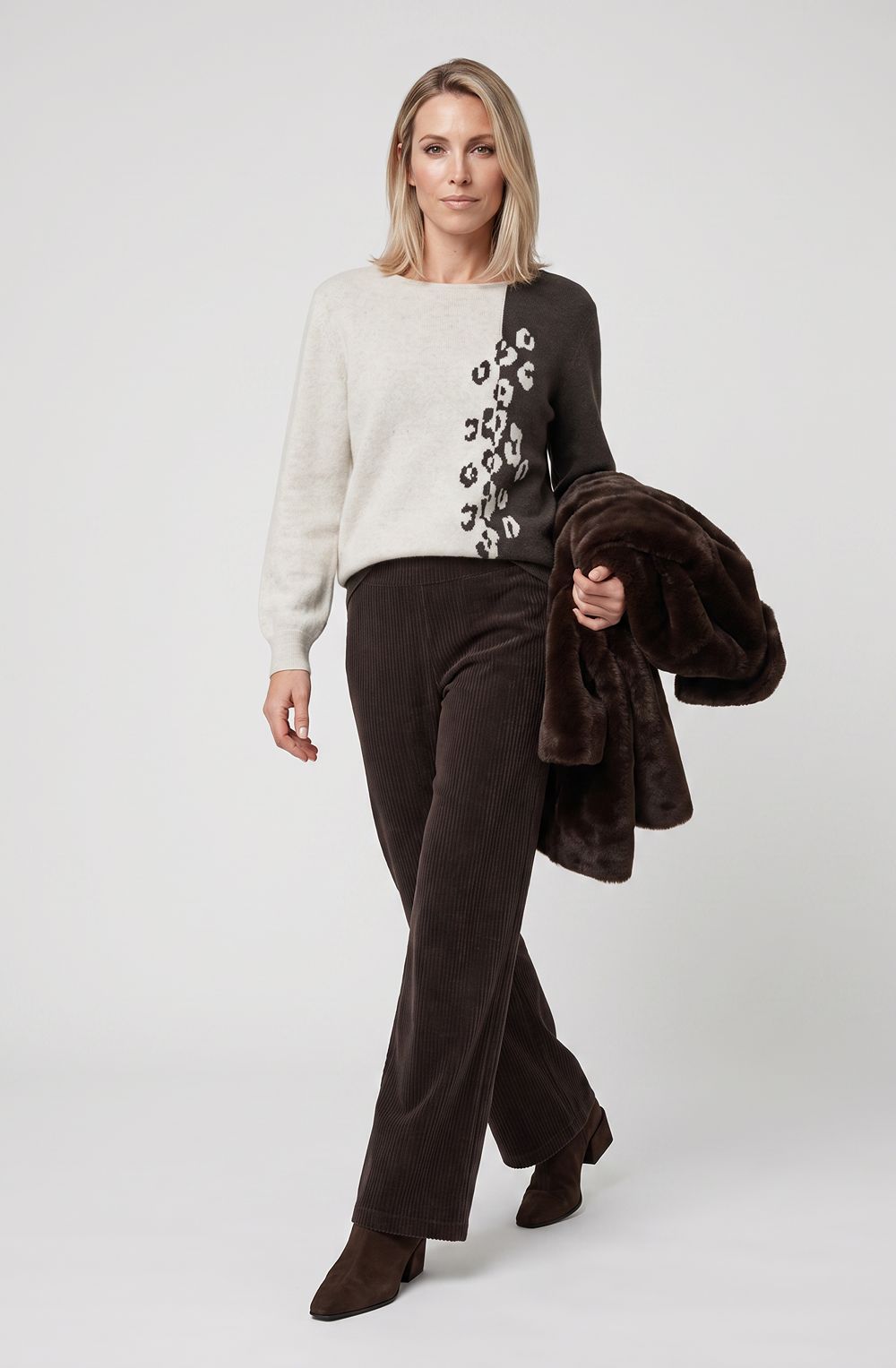 Almond Beige Animal Print Colour Block Henny Jumper