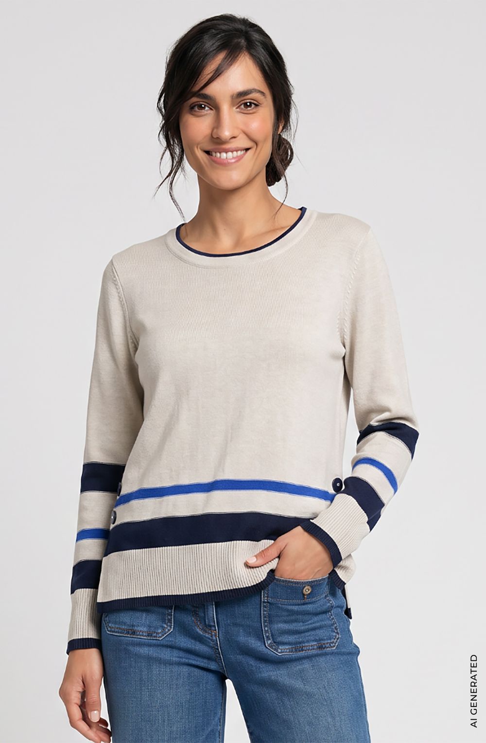 Almond Beige Melange and Ink Blue Button Detail Henny Jumper
