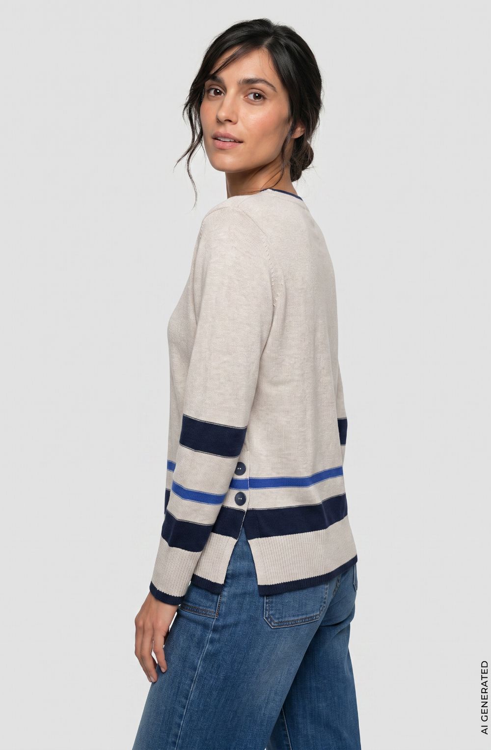 Almond Beige Melange and Ink Blue Button Detail Henny Jumper