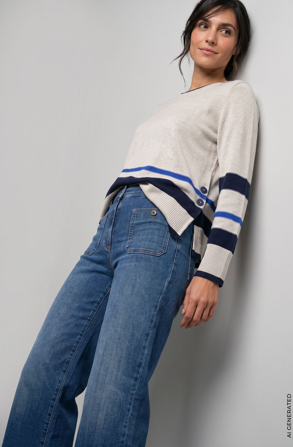 Almond Beige Melange and Ink Blue Button Detail Henny Jumper