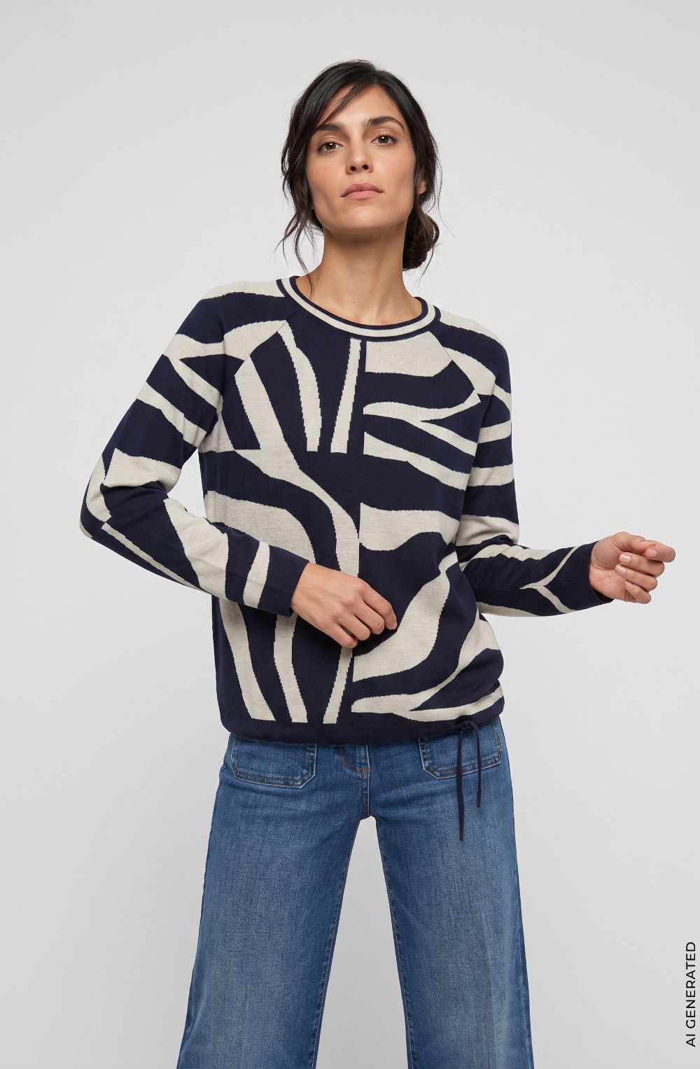 Ink Blue Abstract Print Drawstring Hem Henny Jumper