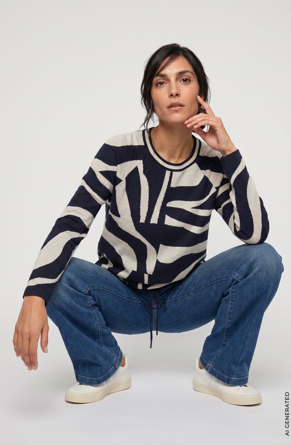 Ink Blue Abstract Print Drawstring Hem Henny Jumper