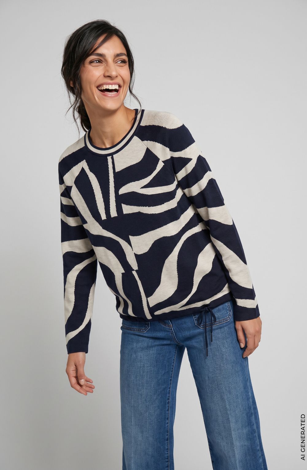 Ink Blue Abstract Print Drawstring Hem Henny Jumper