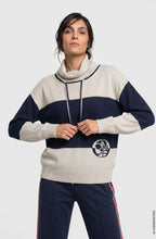 Ink Blue and Beige Drawstring Cowl Neck Cora Jumper