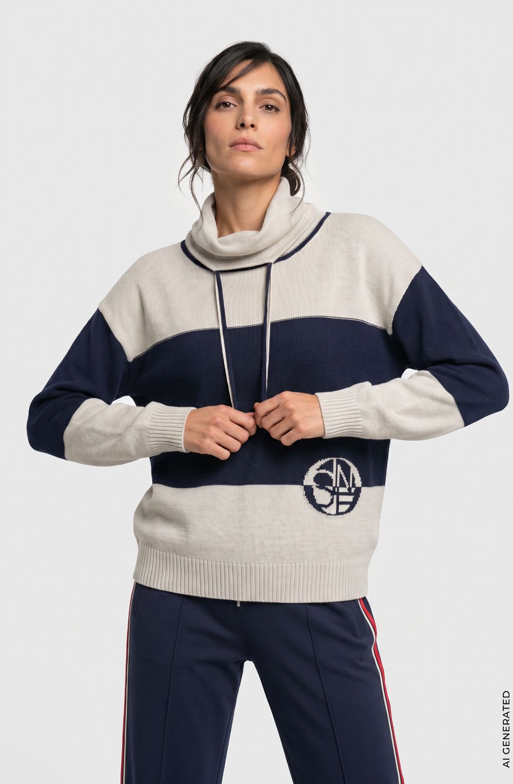 Ink Blue and Beige Drawstring Cowl Neck Cora Jumper
