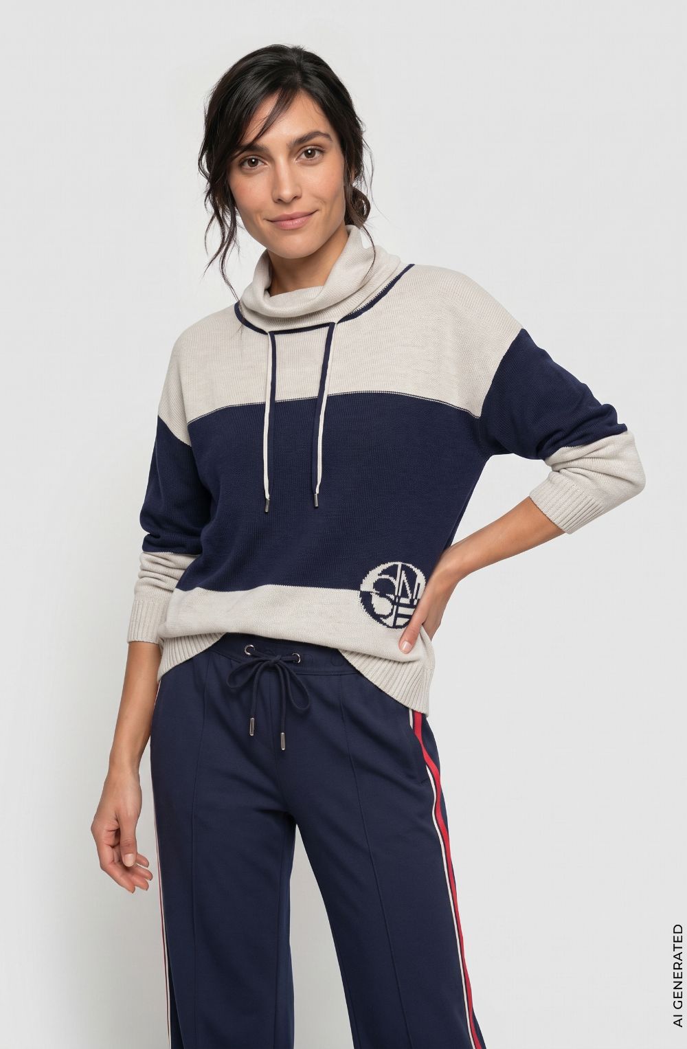Ink Blue and Beige Drawstring Cowl Neck Cora Jumper