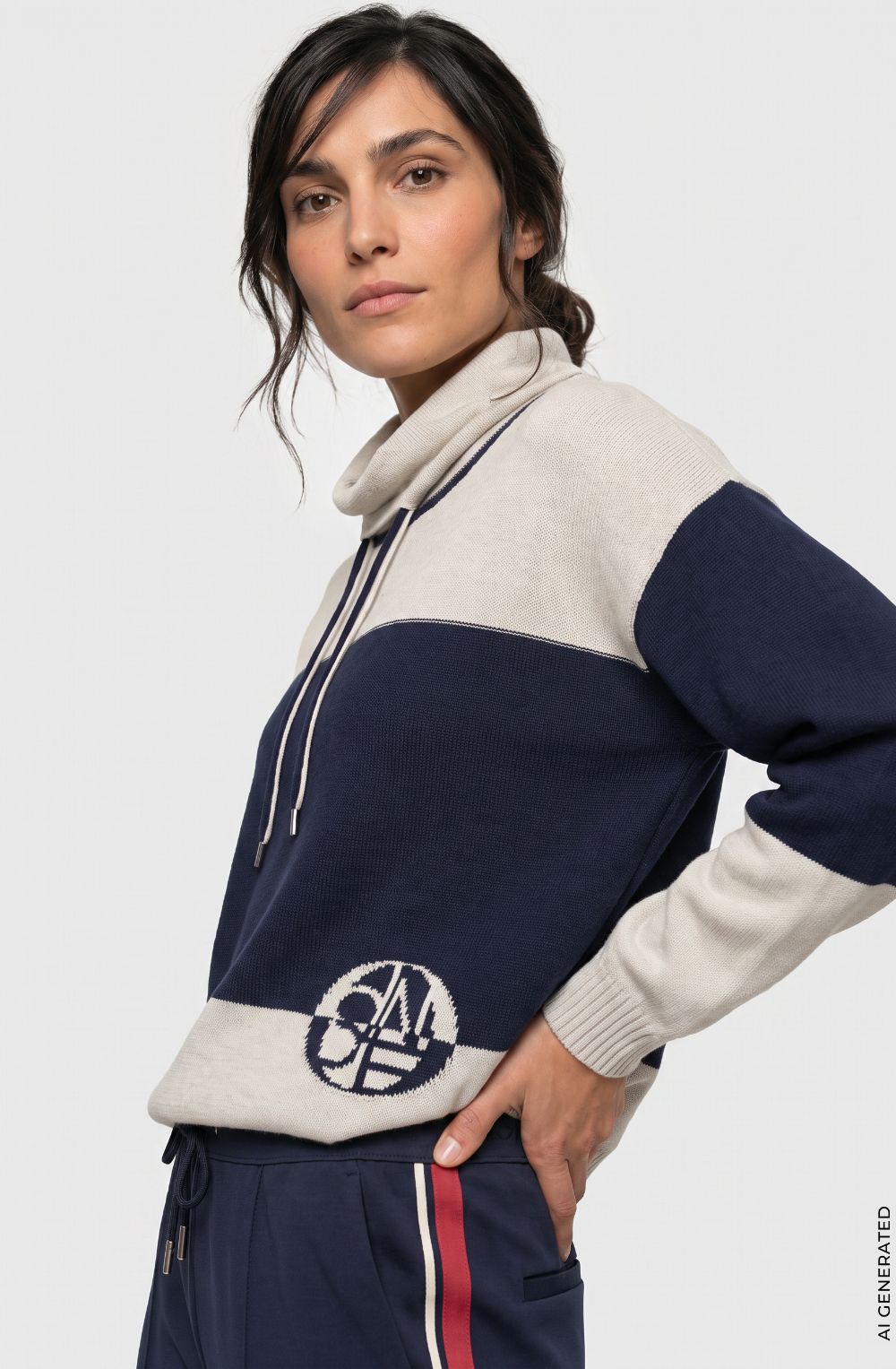 Ink Blue and Beige Drawstring Cowl Neck Cora Jumper