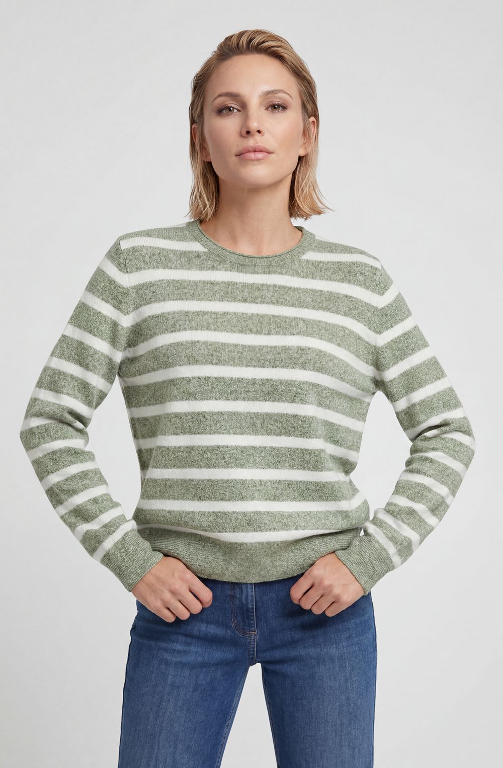 Moss Green Striped Round Neck Henny Jumper