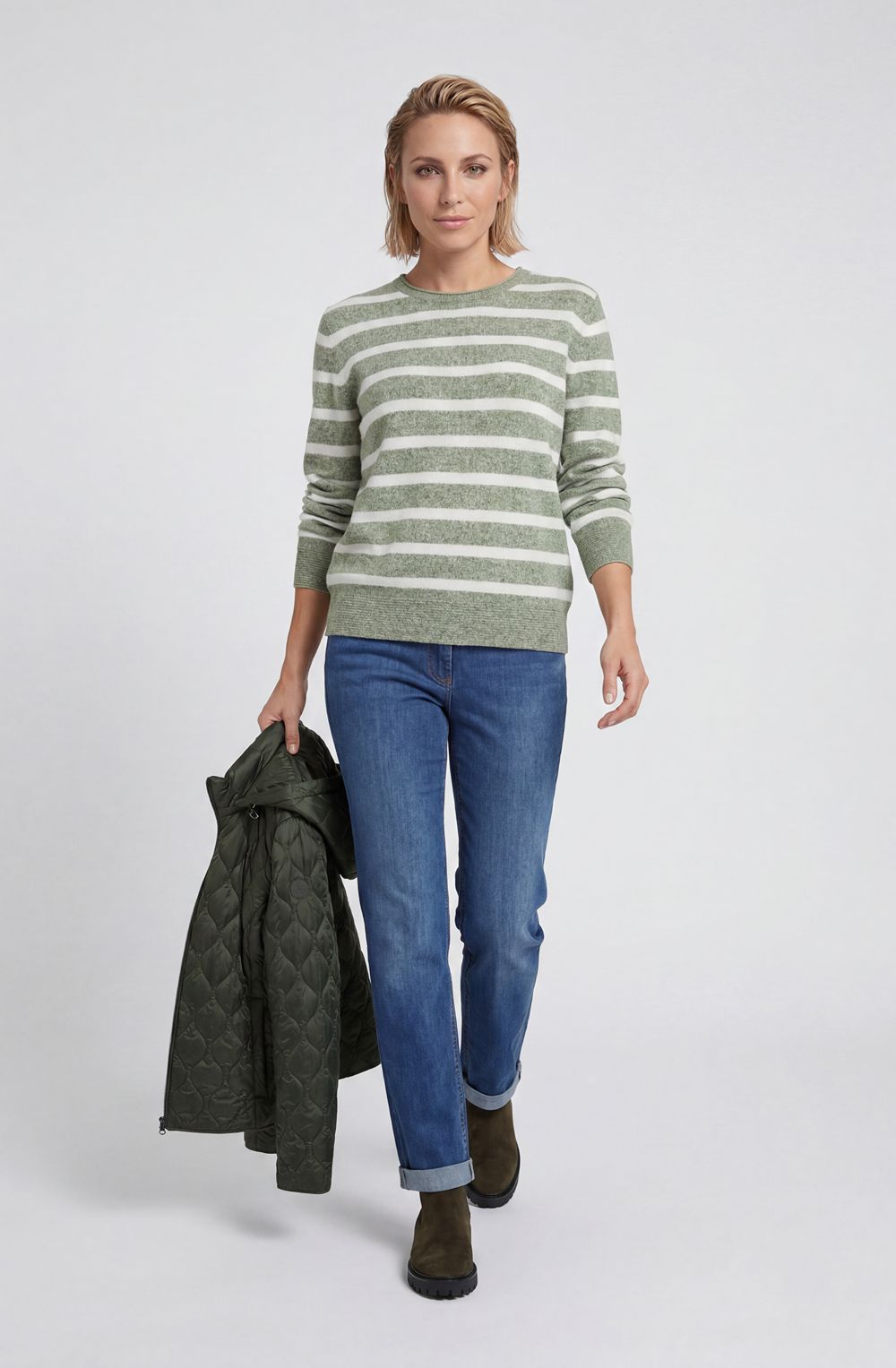 Moss Green Striped Round Neck Henny Jumper