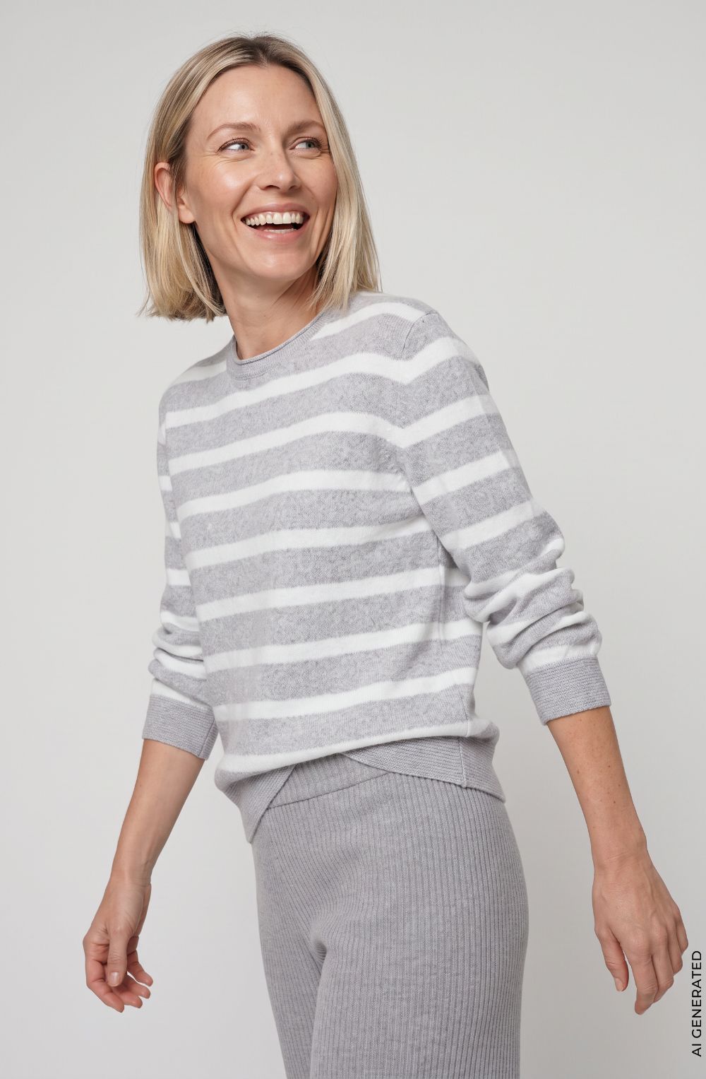 Pearl Grey Melange Striped Round Neck Henny Jumper