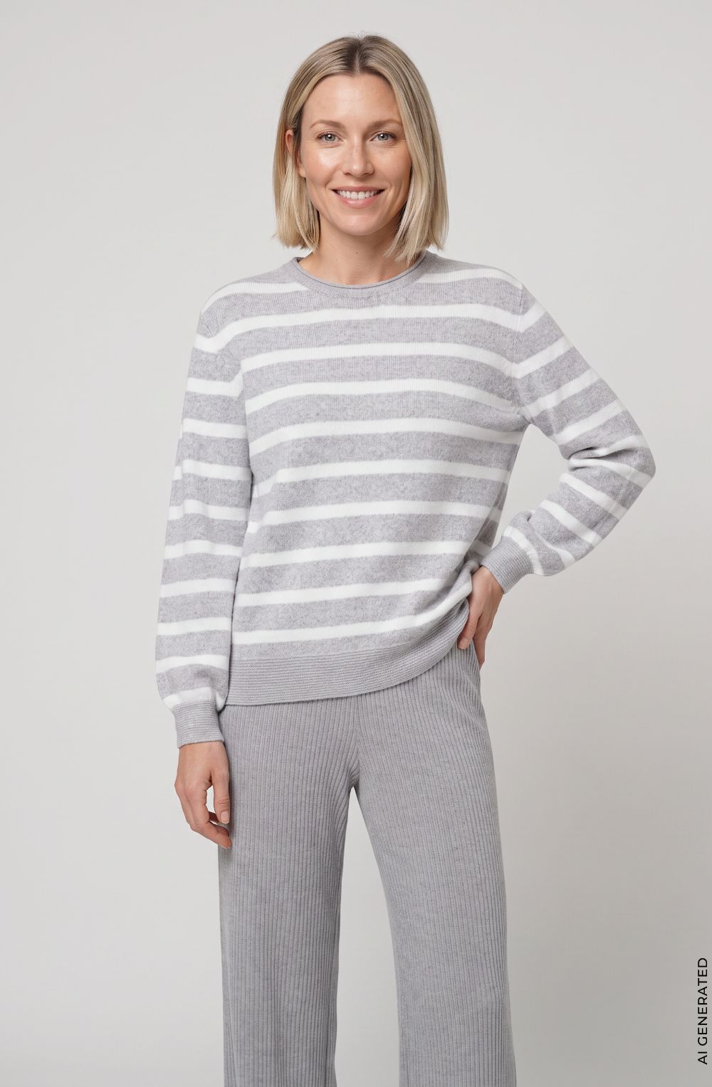 Pearl Grey Melange Striped Round Neck Henny Jumper
