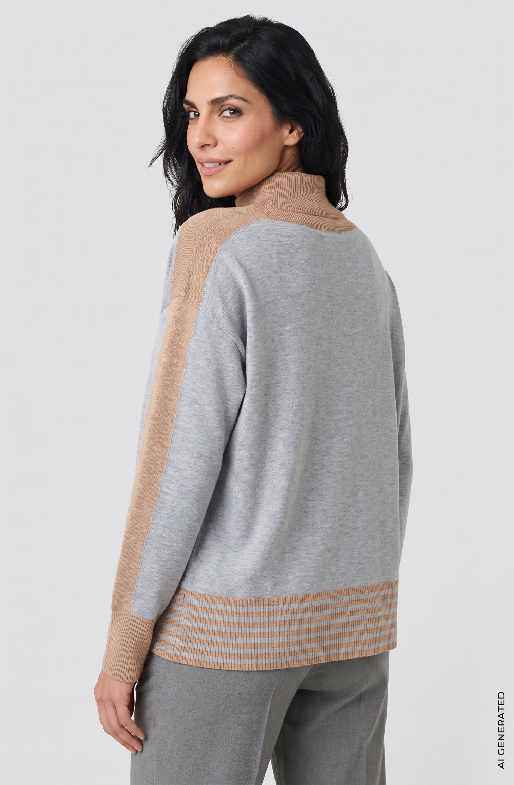 Pearl Grey Melange and Beige Stand Up Collar Cora Jumper