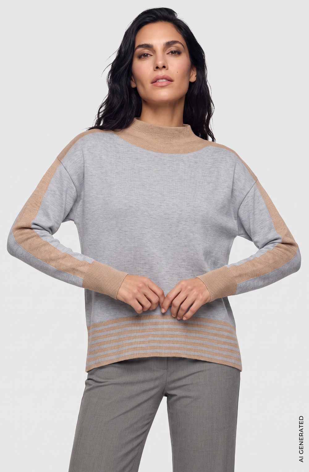 Pearl Grey Melange and Beige Stand Up Collar Cora Jumper