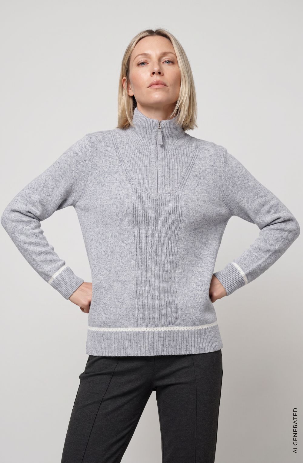 Pearl Grey Melange High Neck Quarter Zip Henny Jumper