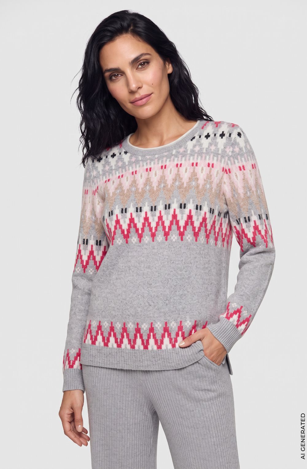 Pearl Grey Melange and Pink Geometric Print Henny Jumper