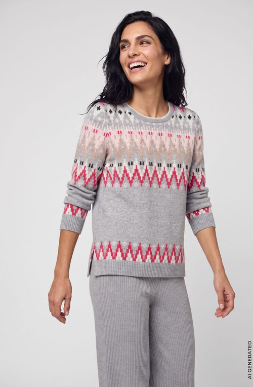 Pearl Grey Melange and Pink Geometric Print Henny Jumper