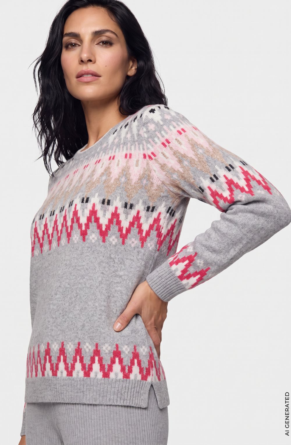 Pearl Grey Melange and Pink Geometric Print Henny Jumper