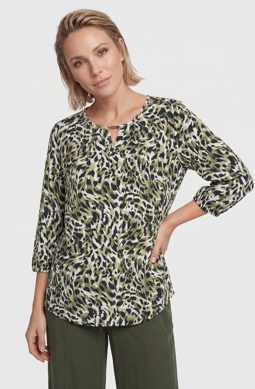 Moss Green Animal Print Peephole V-Neck Top